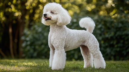 White Toy Poodle in Garden, Adorable Canine Portrait