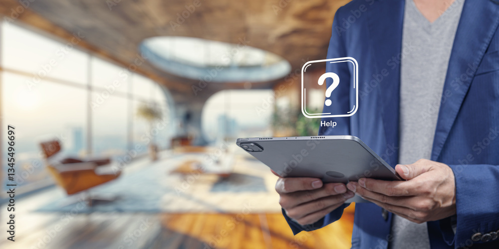Aufkleber help icon for software programs on tablet in modern workspace