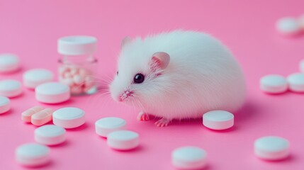 White hamster surrounded by pills on pink background.  Possible use educational material, animal health awareness