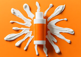 Moisturizing Lotion Bottle With Creamy White Swirls On Vibrant Orange Backgrounds And Texture Details  For Beauty And Skincare Products Promotion Illustration Or Advertising
