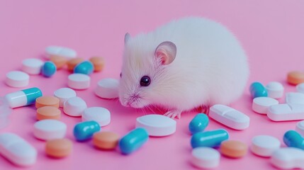 Small white hamster surrounded by pills on pink background