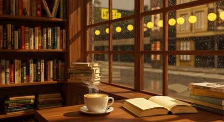 Cozy Book Café on a Rainy Day