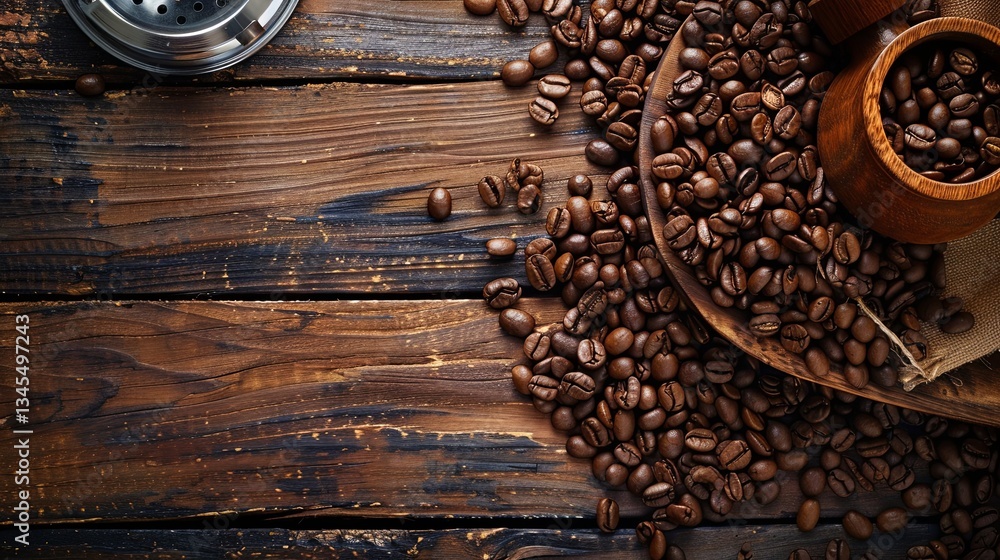 Poster coffee beans and grinders on a wooden table create the perfect atmosphere for coffee enthusiasts and