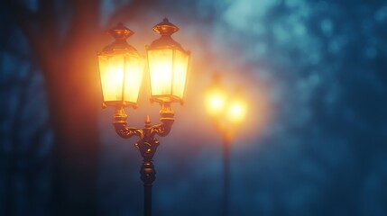 Two glowing street lamps illuminate a misty evening scene in a tranquil setting.