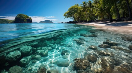 Fototapeta premium Tropical Beach with Clear Water and Rocks Underneath on a Sunny Day