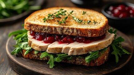 classic turkey sandwich with cranberry sauce and arugula on toasted rye bread
