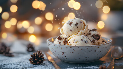 Obraz premium Festive Dessert Delight with Cookies and Cream Ice Cream Surrounded by Bokeh Lights