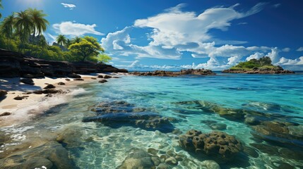 Obraz premium Turquoise Ocean Water on a Tropical Island Beach with Blue Sky