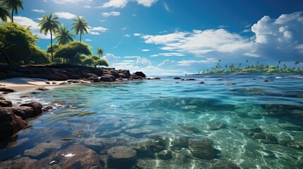 Fototapeta premium Turquoise Ocean Waters at Tropical Beach with Palm Trees and Blue Sky
