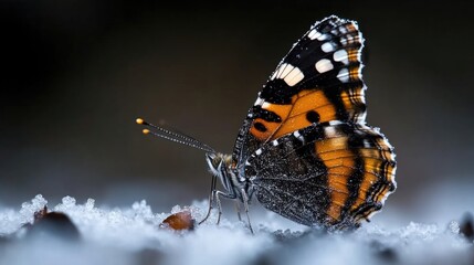 Obraz premium A magnificent butterfly rests on a bed of snow. Its wings, patterned with orange and black, are adorned with frost