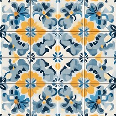 Floral Tile Pattern: Blue for Yellow Design.