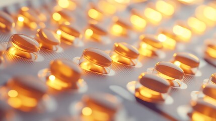 Bright Orange Capsules Arranged Neatly in a Blister Pack Captured in a Close-Up View Showing Texture and Detail