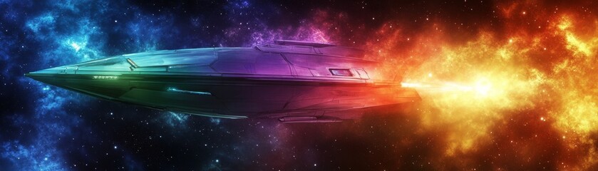 Colorful Space Ship Flying Through Cosmic Nebula in Deep Space