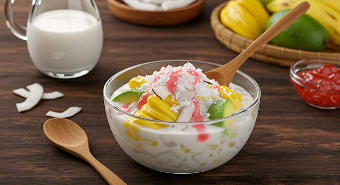 Close-up of a bowl of a refreshing and colorful es oyen dessert, likely a Southeast Asian sweet dish.