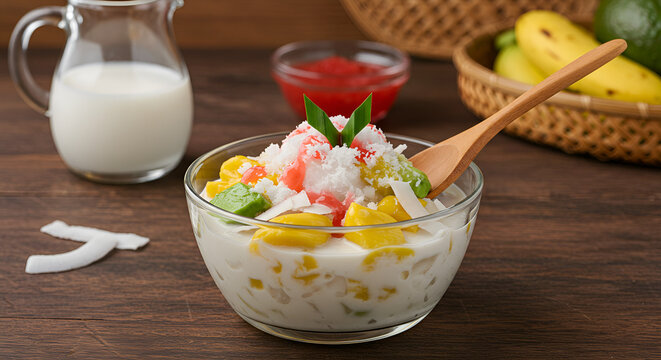 A close-up of a es oyen bowl filled with a vibrant tropical dessert.