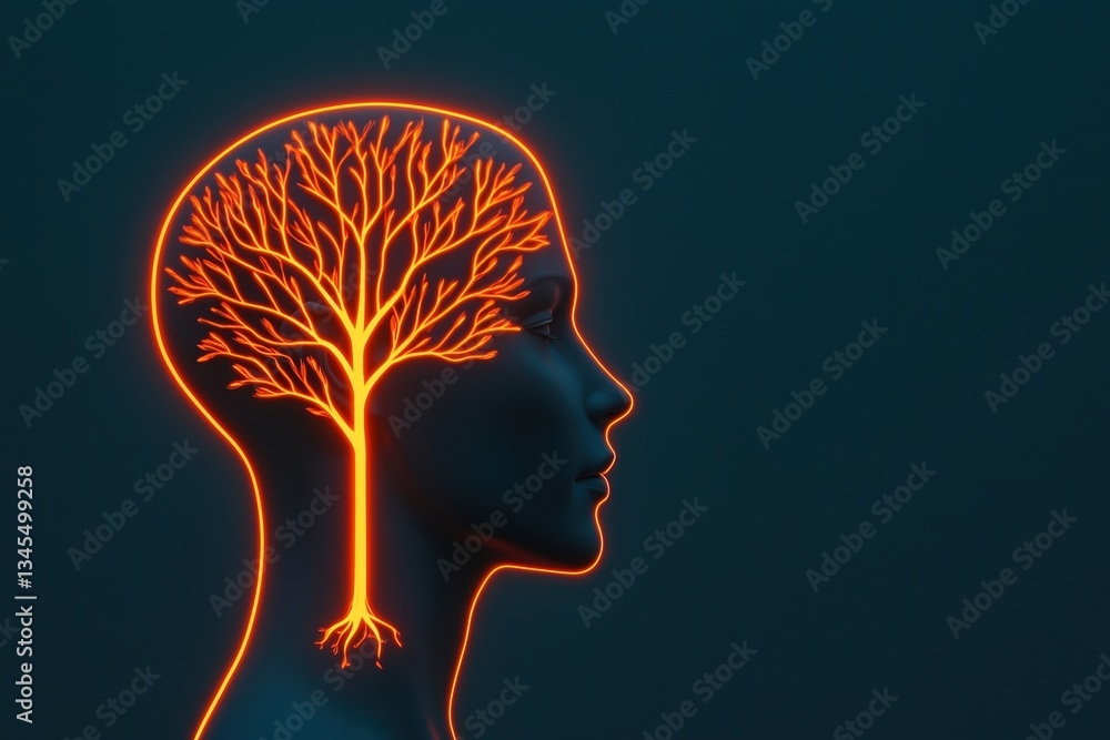 Poster personal transformation mindset concepts. silhouette of a head with a glowing tree design inside.