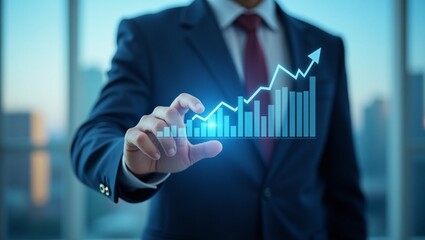 Business Growth: A sharp businessman in a suit showcases a rising bar graph, symbolizing financial success, with a modern city backdrop in a modern, professional setting.