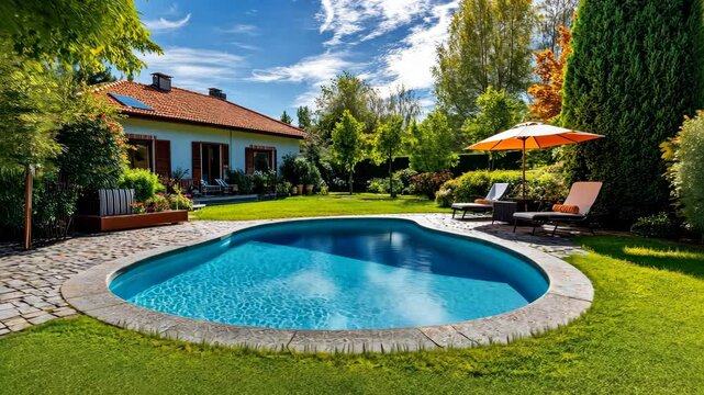 Luxury villa with outdoor pool and garden, elegant modern design, sunny day with vibrant colors, peaceful and exclusive setting