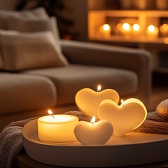 Romantic Heart Candles Glow in Cozy Living Room.