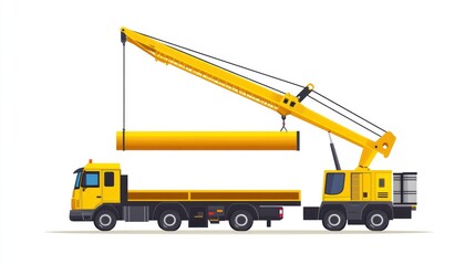 Yellow crane lifting pipe on truck, industrial scene, illustration