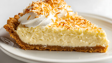 Delicious Slice of Coconut Cream Pie with Whipped Topping and Toasted Coconut Flakes