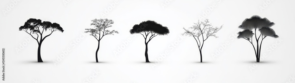 Poster silhouettes of various trees on white background for design use