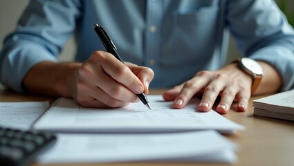 Precision in Detail: A focused individual meticulously writing, capturing the essence of thoughtful planning. Capturing the essence of paperwork and communication.