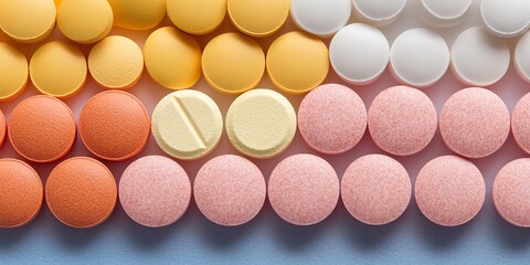 Colorful Assortment of Tablets and Pills Arranged Neatly on a Surface Representing Various Medications and Supplements