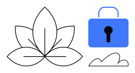 Black outlined leaf symbol alongside a blue padlock and cloud, suggesting harmony between nature, security, and technology. Ideal for sustainability, protection, cloud computing, eco-security