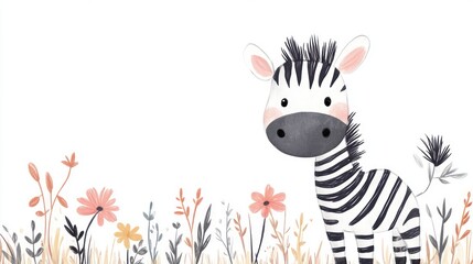 Cute zebra in a floral meadow. Children's illustration