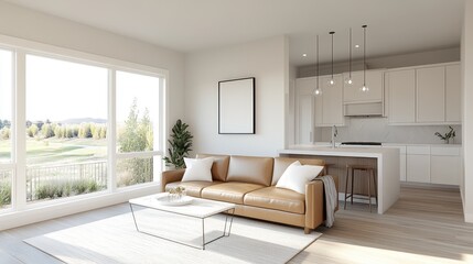 Modern living room with large windows, bright natural light, cozy sofa, minimalist decor, ideal for relaxation and gatherings