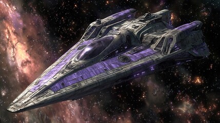 A sleek purple spaceship floats through a vibrant starlit cosmos