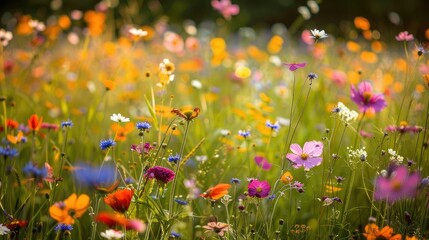 Fototapeta premium Wildflower Meadow Blooming in Summer Sunshine with Colorful Blossoms Landscape