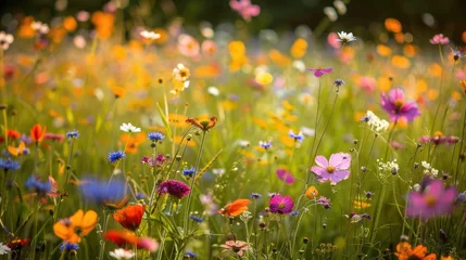 Poster de jardin Prairie, marais Wildflower Meadow Blooming in Summer Sunshine with Colorful Blossoms Landscape  © KANAKA