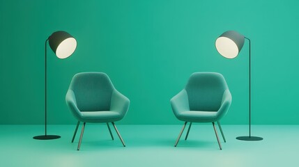 Obraz premium Cozy lounge area featuring two teal armchairs, minimalist design, soft lighting, perfect for relaxation or casual meetings