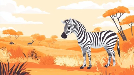 Zebra in African Savanna Landscape. Illustration. Nature Scene
