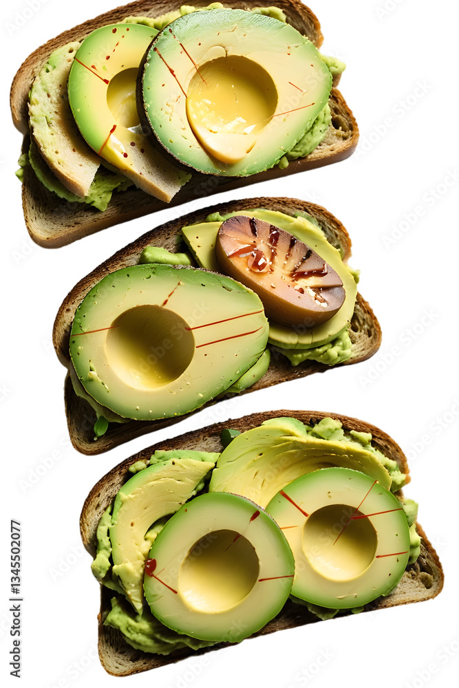 Poster multiple slices of toasted bread generously topped with fresh avocado spread for a nutritious breakf