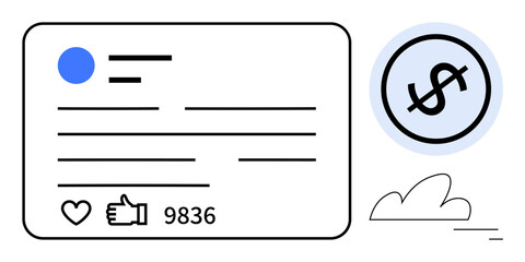 Social post layout with thumbs ups and engagement count beside a dollar sign. Ideal for social media strategy, influencer economy, digital marketing, online monetization, analytics, branding, flat