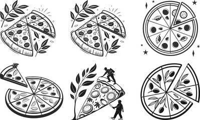 Pizza doodle bundle set Simple minimalist black and white Silhouette style with white background 
