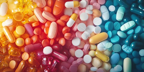 Diverse Assortment of Colorful Vitamins and Medications Arranged on a Surface for Health and Wellness Purposes
