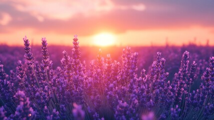 Naklejka premium Lavender field sunset, vibrant colors, idyllic scene