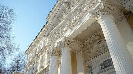 Fototapeta premium Ornate White Building Exterior with Classical Columns Under a Bright Sky