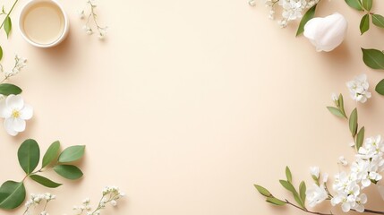 Fototapeta premium Elegant Floral Arrangement with White Flowers, Green Leaves, and Soft Beige Background for Relaxation and Wellness Themes