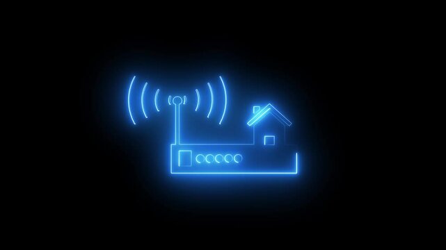 Neon glowing Wi-Fi router icon &ndash; animated wireless internet modem on black background