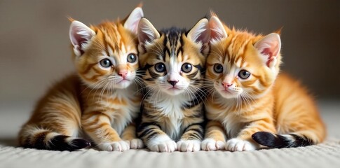 Three fluffy kittens cuddled up together, tails intertwined, kittens, tails, cats