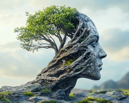 A human head with a treelike structure sprouting from the top, representing mental health, inner peace, and wellbeing, symbolic foliage, organic patterns, hyperrealistic, 8K render