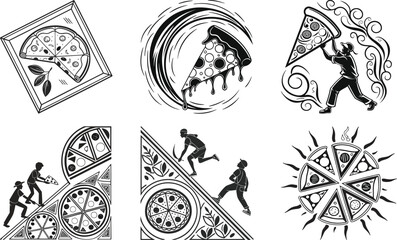 Pizza doodle bundle set Simple minimalist black and white Silhouette style with white background 
