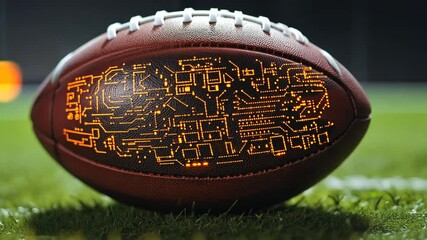 Futuristic american football with glowing circuit board design on grass field - Powered by Adobe
