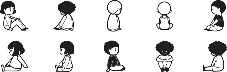 Character Silhouettes in Various Poses with Black and White Design. set