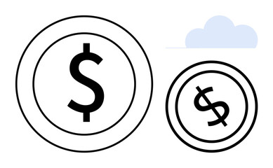 Two outlined dollar coins, one larger and one smaller, alongside a subtle cloud. Ideal for finance, savings, investment, growth, comparison economy and minimalism. Simple flat metaphor